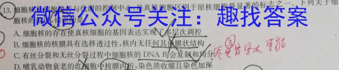 江西省2024年初中学业水平考试样卷试题卷(一)1生物学试题答案