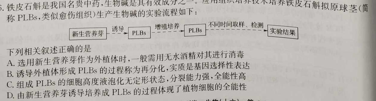 三晋卓越联盟河北省2023-2024学年高二期末质量检测卷(242957D)生物学部分