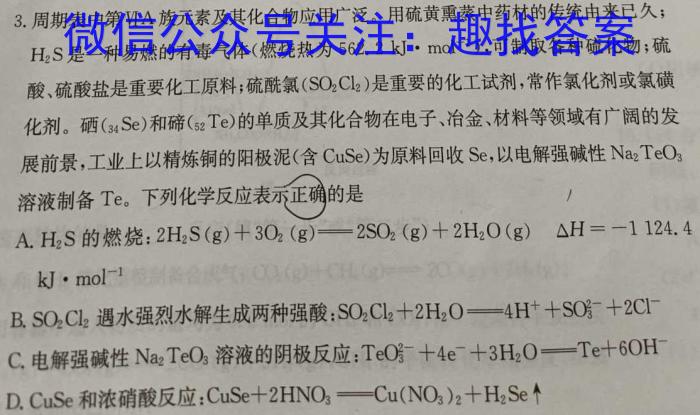 安徽省十联考 2022-2023学年度第二学期高一开学摸底联考(231394D)化学