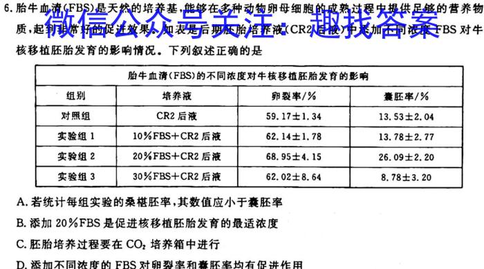 安徽省中考必刷卷·2023年名校内部卷（一）生物试卷答案