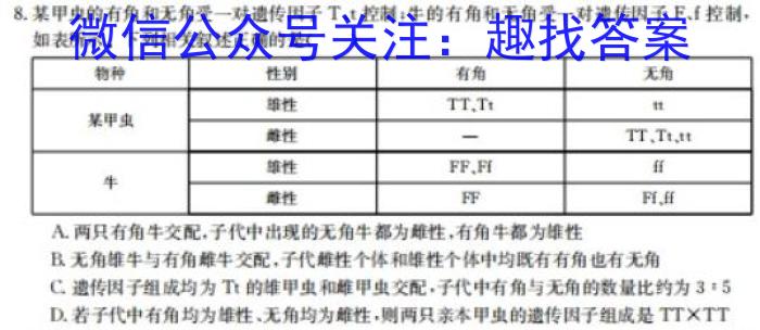 2023年高三学业质量检测 全国乙卷模拟(一)生物试卷答案