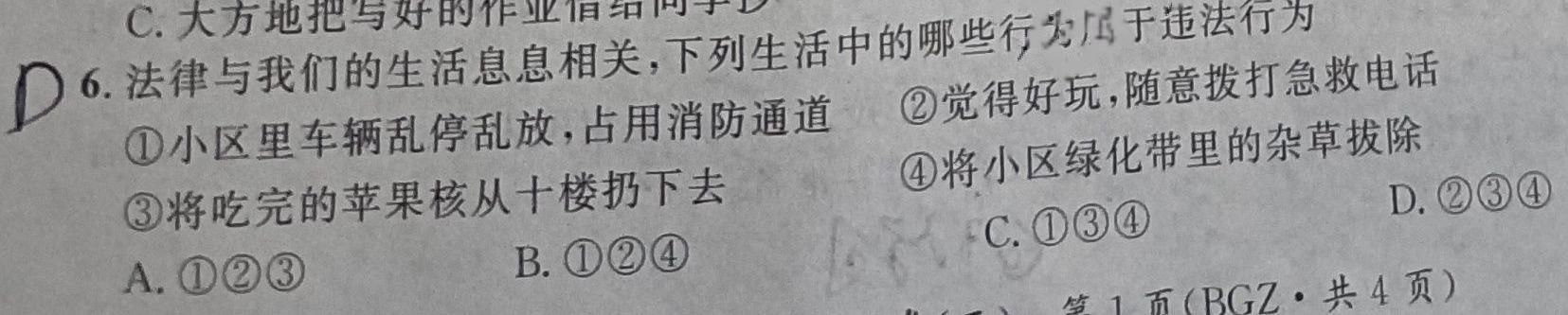 文博志鸿 2024年河南省普通高中招生考试模拟试卷(冲刺一)思想政治部分