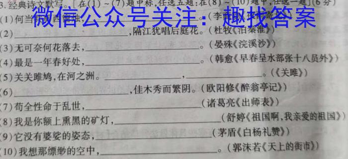 2024届湖南省高三入学摸底联考(8月)语文