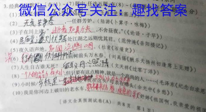 2023-2024学年度永修县九年级入学检测语文