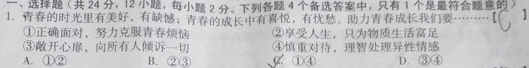 【精品】陕西省2023-2024学年度第二学期八年级阶段性学习效果评估（一）思想政治