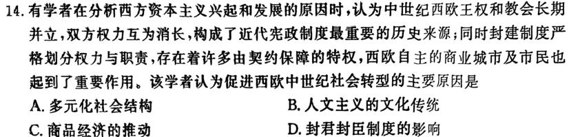 2024届炎德英才大联考长郡中学高三月考(一)历史