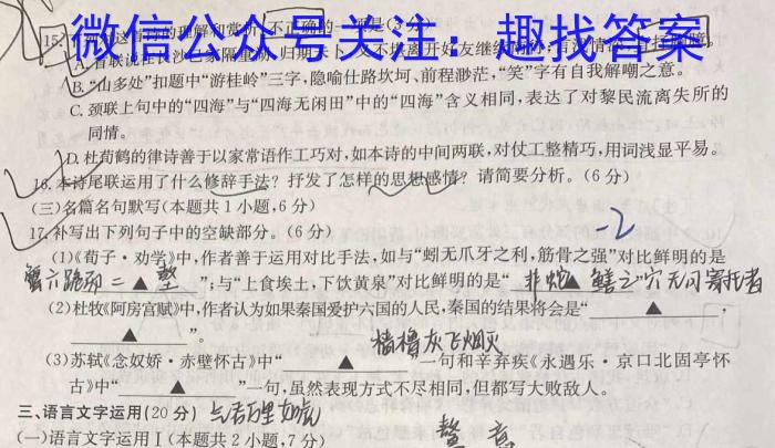 2024届湖南省长沙市长郡中学高三暑假作业检测语文