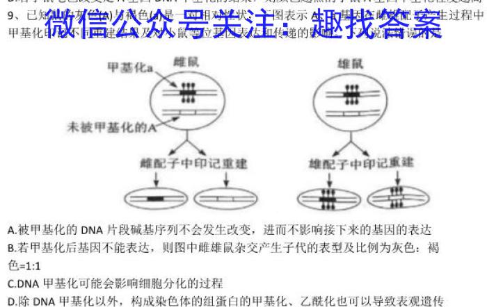 ［开学考］九师联盟2023-2024学年高三教学质量检测（XG）生物试卷答案