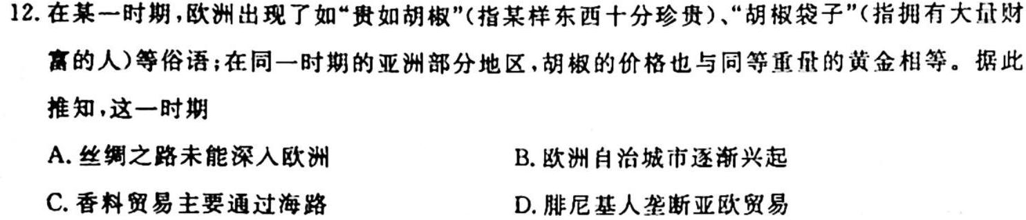 湖北省部分重点中学2024届高三第一次联考历史试卷答案