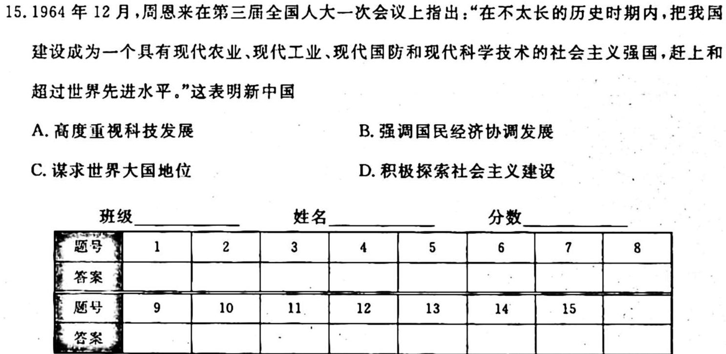衡中同卷 2023-2024学年度高考分科综合测试卷(三)3历史