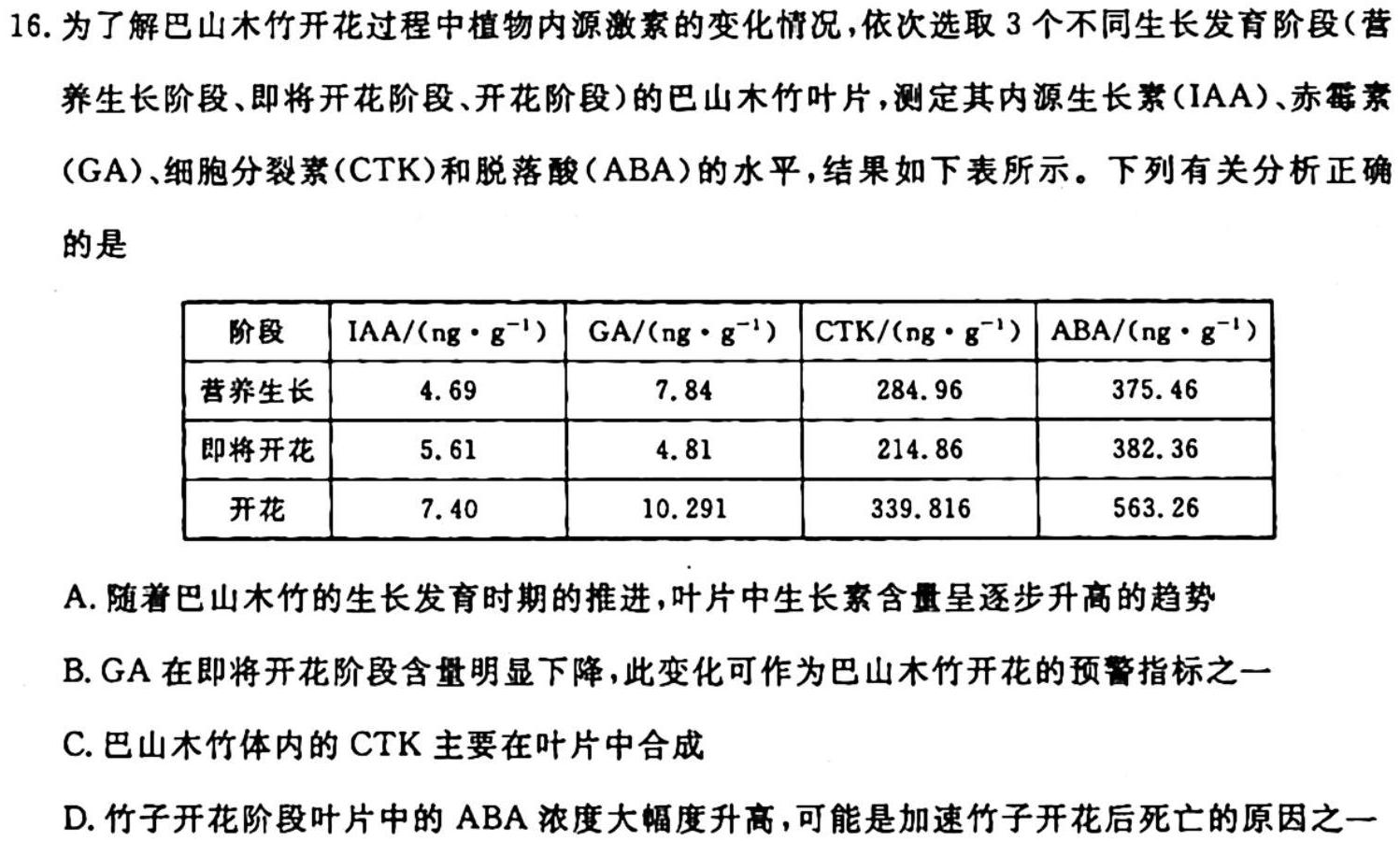 安徽省2023-2024学年度九年级线下教学质量检测生物学试题答案