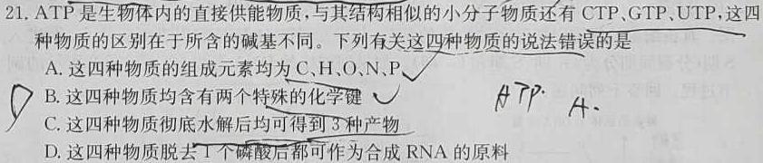 衡中同卷 2023-2024学年度高三一轮复习滚动卷新高考版(二)生物