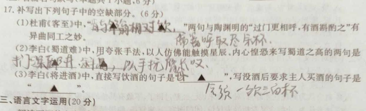 河北省2023~2024学年高二(上)质检联盟期中考试(24-104B)语文试卷 答案