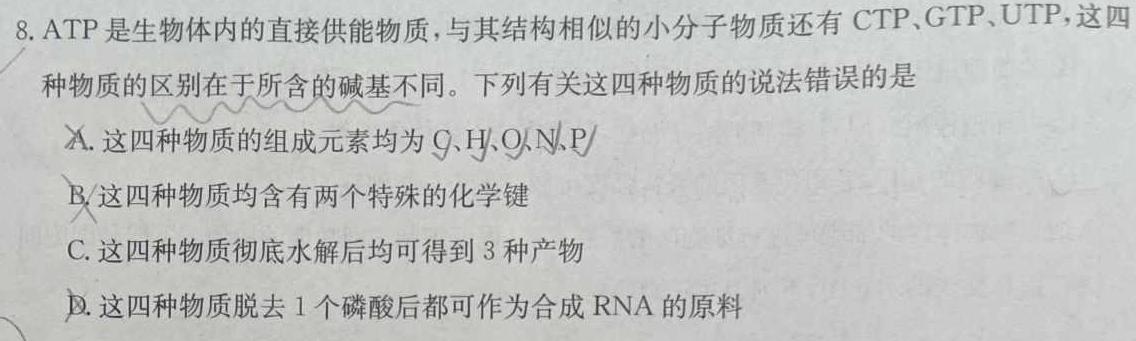 河北省2024届九年级第一学期第一次学情评估（B卷）生物学试题答案