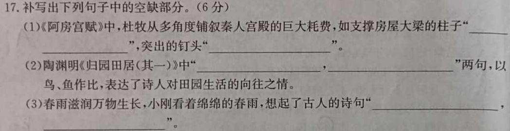 江西省2023-2024学年第一学期九年级教学质量监测语文试卷 答案
