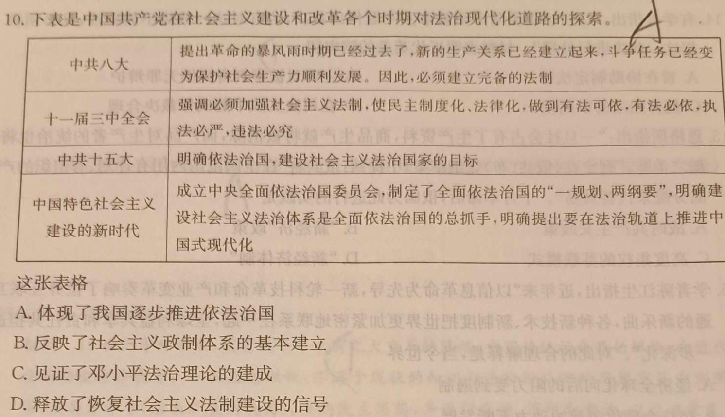 兵团地州学校2023-2024学年高三年级第一学期期中联考历史