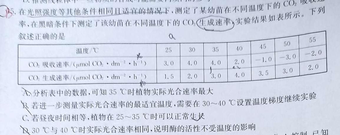 2023-2024学年安徽省九年级教学质量检测（二）生物