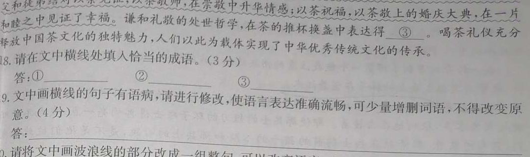 [今日更新]安徽省2023-2024学年度第一学期九年级期中教学调研问卷语文试卷答案