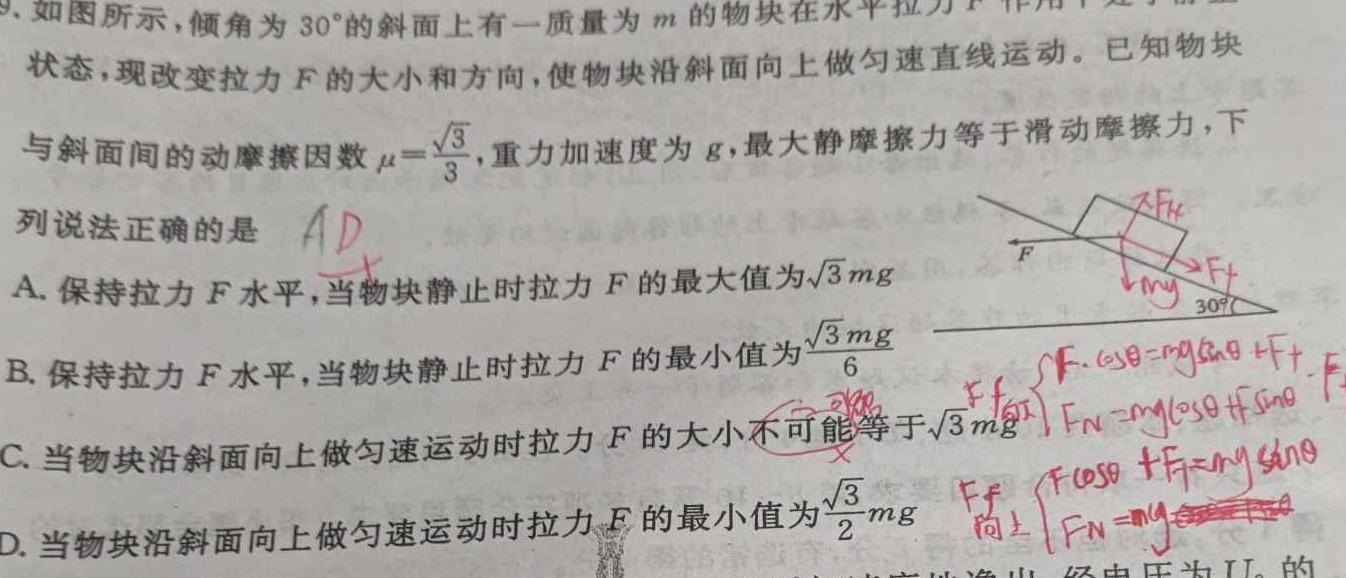 东北师大附中2024-2025学年高三年级上学期假期作业验收考试(物理)试卷答案