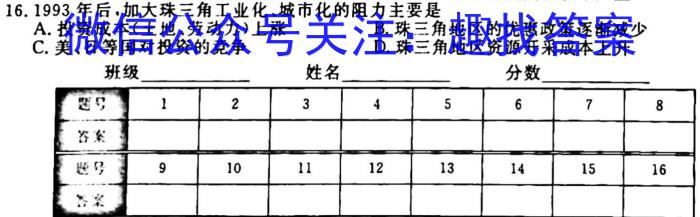 浙江强基(培优)联盟高二年级2024年7月学考联考地理试卷答案