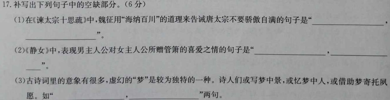 安徽省2023-2024学年度第一学期九年级学情调研（二）语文试卷 答案