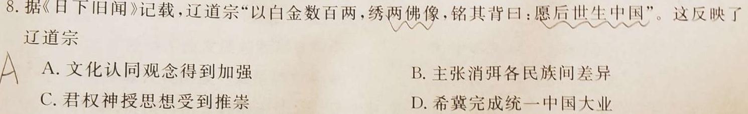 安徽省2023~2024学年度九年级上学期阶段评估(二)历史