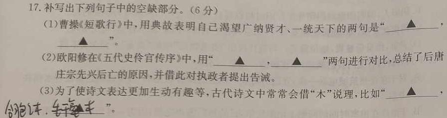 [今日更新]陕西省2023-2024学年度第一学期四年级第二次阶段性作业A语文试卷答案