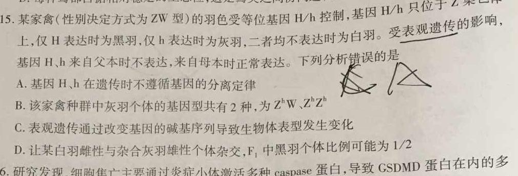 甘肃省2023~2024学年度高二第一学期期中考试生物