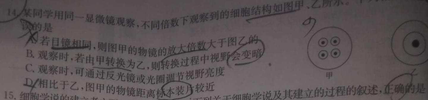 河北省石家庄市赵县2023-2024学年度第一学期期中学业质量检测九年级生物