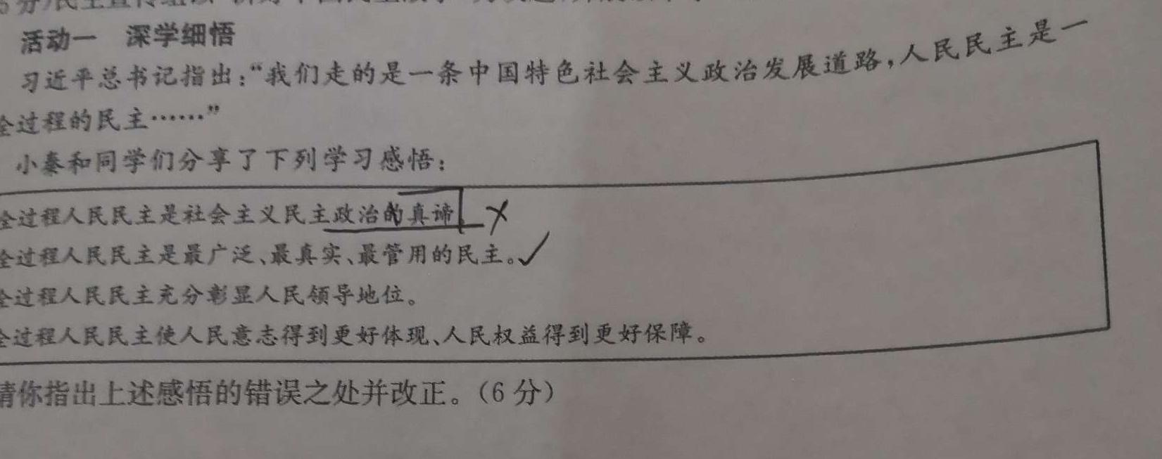 【精品】天一大联考 河南省2023-2024学年九年级学业水平诊断(一)思想政治