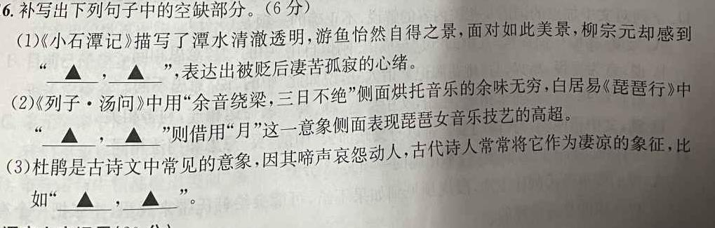 安徽省2023~2024学年度八年级上学期阶段评估(二)语文试卷 答案