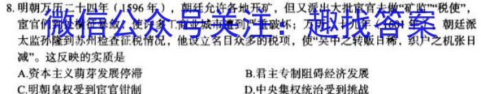 安徽省2023~2024学年度九年级阶段质量检测（三）历史试卷