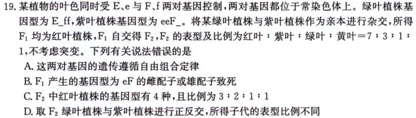 恩博联考 江西省2023年新课程高一期中教学质量监测卷生物学试题答案