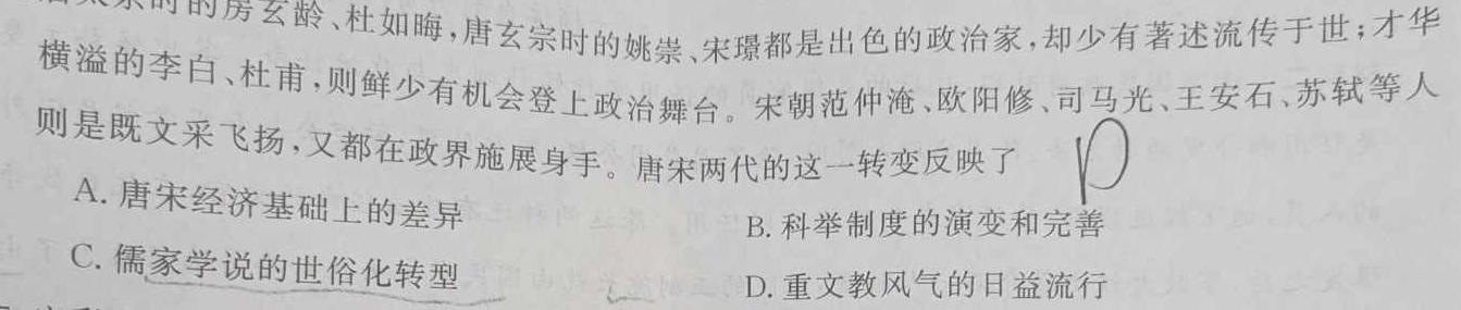 安徽省太和县民族中学2023秋九年级期中综合测评考试历史试卷答案