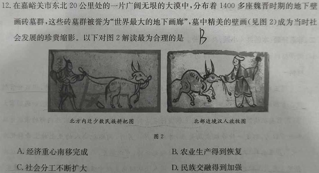 云南民族大学附属高级中学2024届高三联考卷(三)3(243147D)历史试卷答案