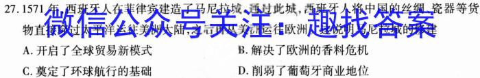 河南省2023-2024学年九年级第一学期学习评价（4）历史试卷答案