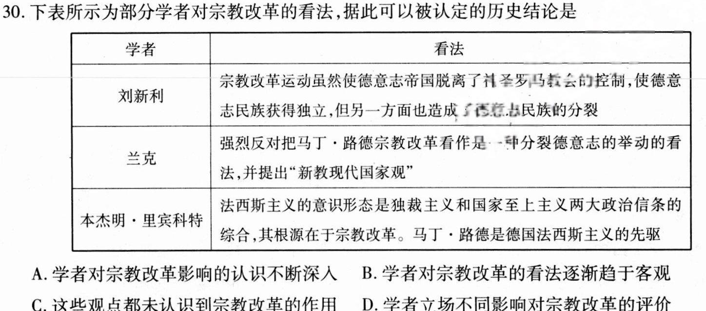 山西省2024年中考总复习押题信息卷(一)SX历史