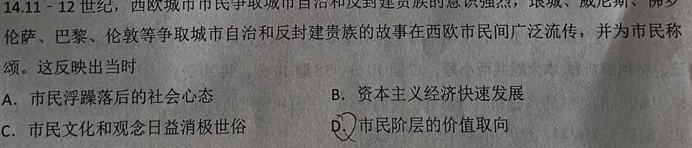 河北省2024届高三一轮中期调研考试(24-164C)历史