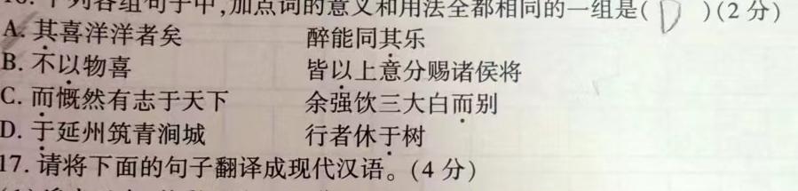 安徽省2023-2024学年度第一学期八年级期中综合性作业设计语文试卷 答案