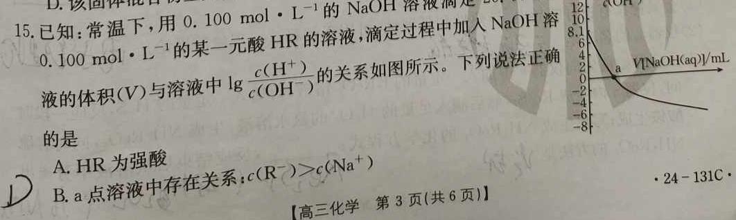 【热荐】安徽省2023-2024学年度高一上学期期中考试(24023A)化学