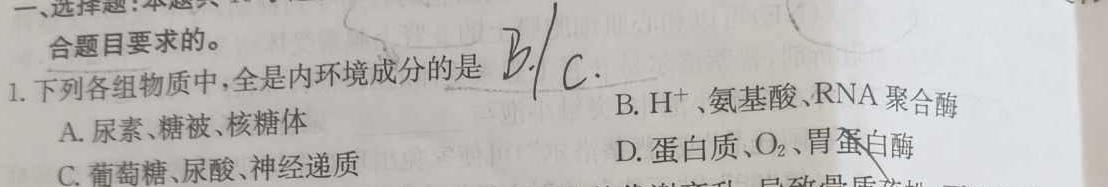 云南师大附中(云南卷)2024届高考适应性月考卷(黑白黑白白白黑黑)生物