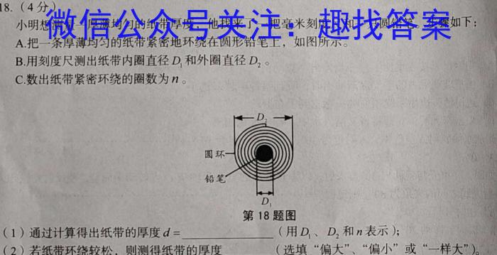 安徽省2023-2024学年度第一学期九年级学科素养练习（二）q物理