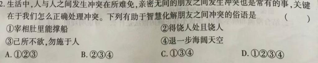 【精品】百校联赢2023-2024学年安徽省九年级下学期开学摸底调研思想政治