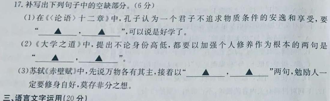 [今日更新]河北省2024届九年级第三次月考语文试卷答案