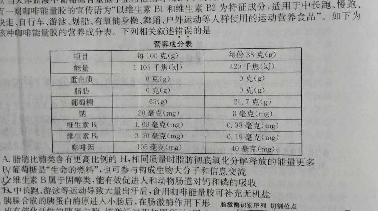 陕西省2023-2024学年度第一学期九年级课后综合作业（三）C生物学部分