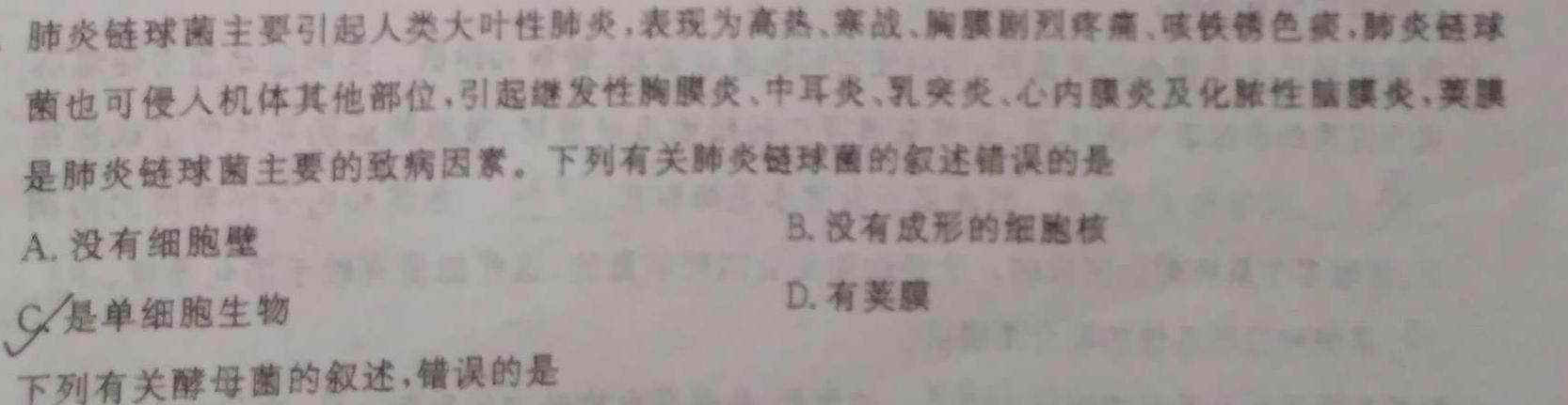 山西省2023-2024学年12月份九年级阶段质量检测试题（卷）生物