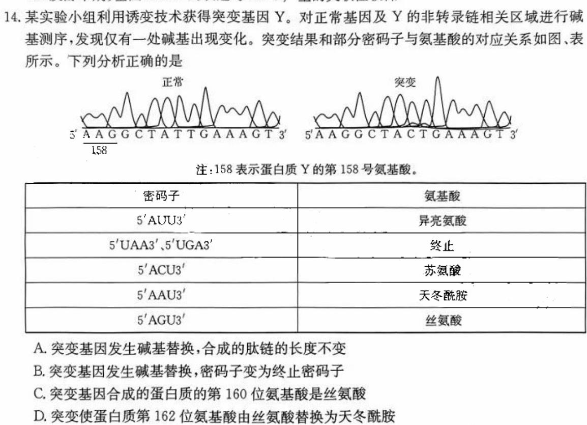 江西省“三新”协同教研共同体2023年12月份高二年级联合考试（双菱形）生物