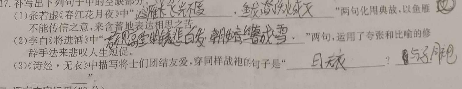 [今日更新]2023-2024学年山西省高二12月联合考试(24-217B)语文试卷答案