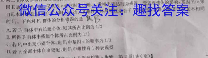 九师联盟 2023-2024学年高一12月联考生物学试题答案