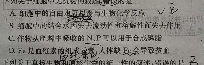 陕西省咸阳市某校2024-2025学年度第一学期九年级第一次学科素养测试生物学部分